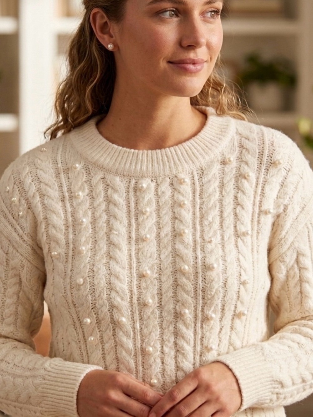 Cherie Collette Pearl Embellished Cable Knit Sweater NWOT